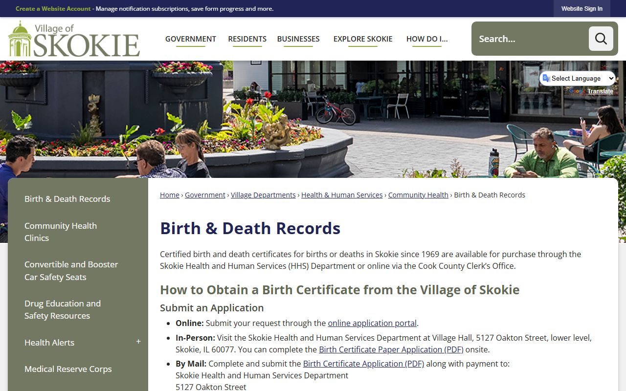 Skokie Health and Human Services birth and death records page