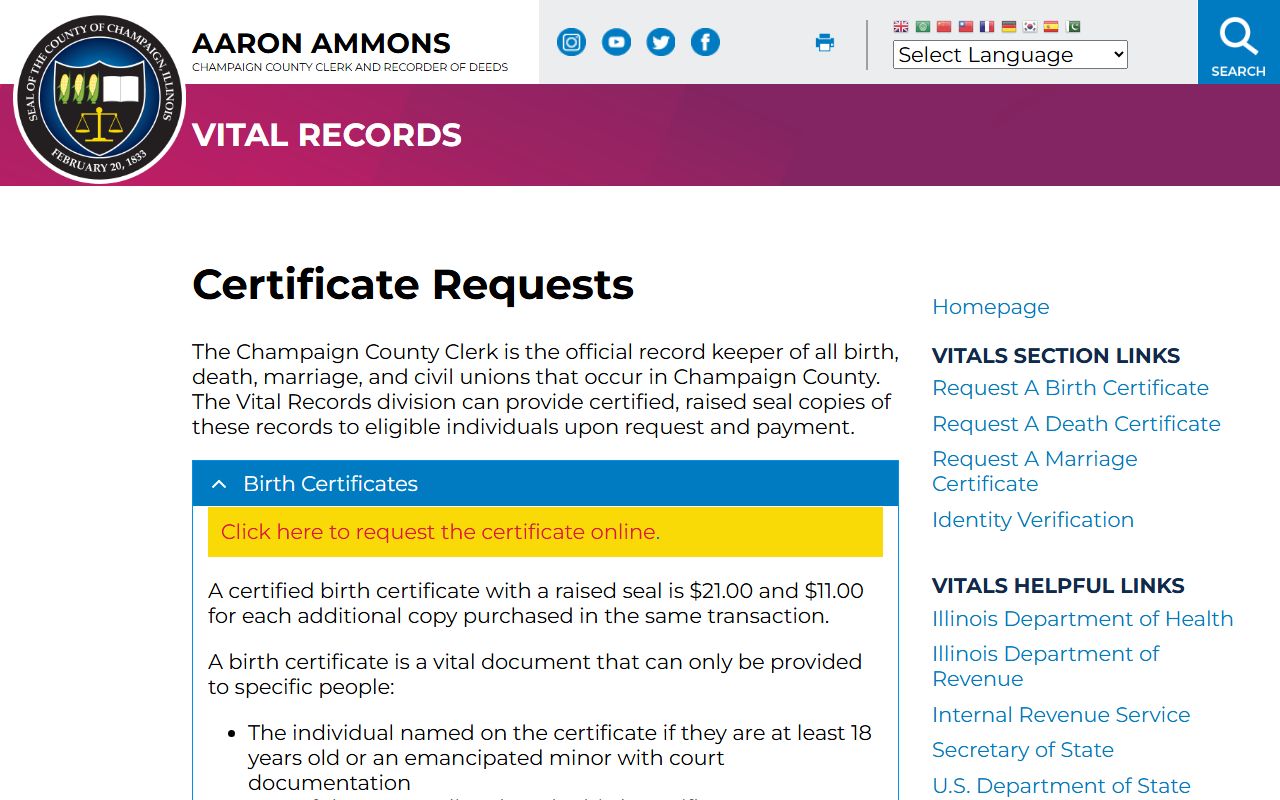 Champaign County certificate request page for birth records