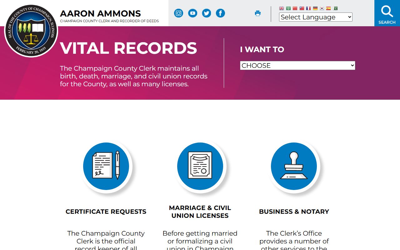 Champaign County vital records main page for birth records
