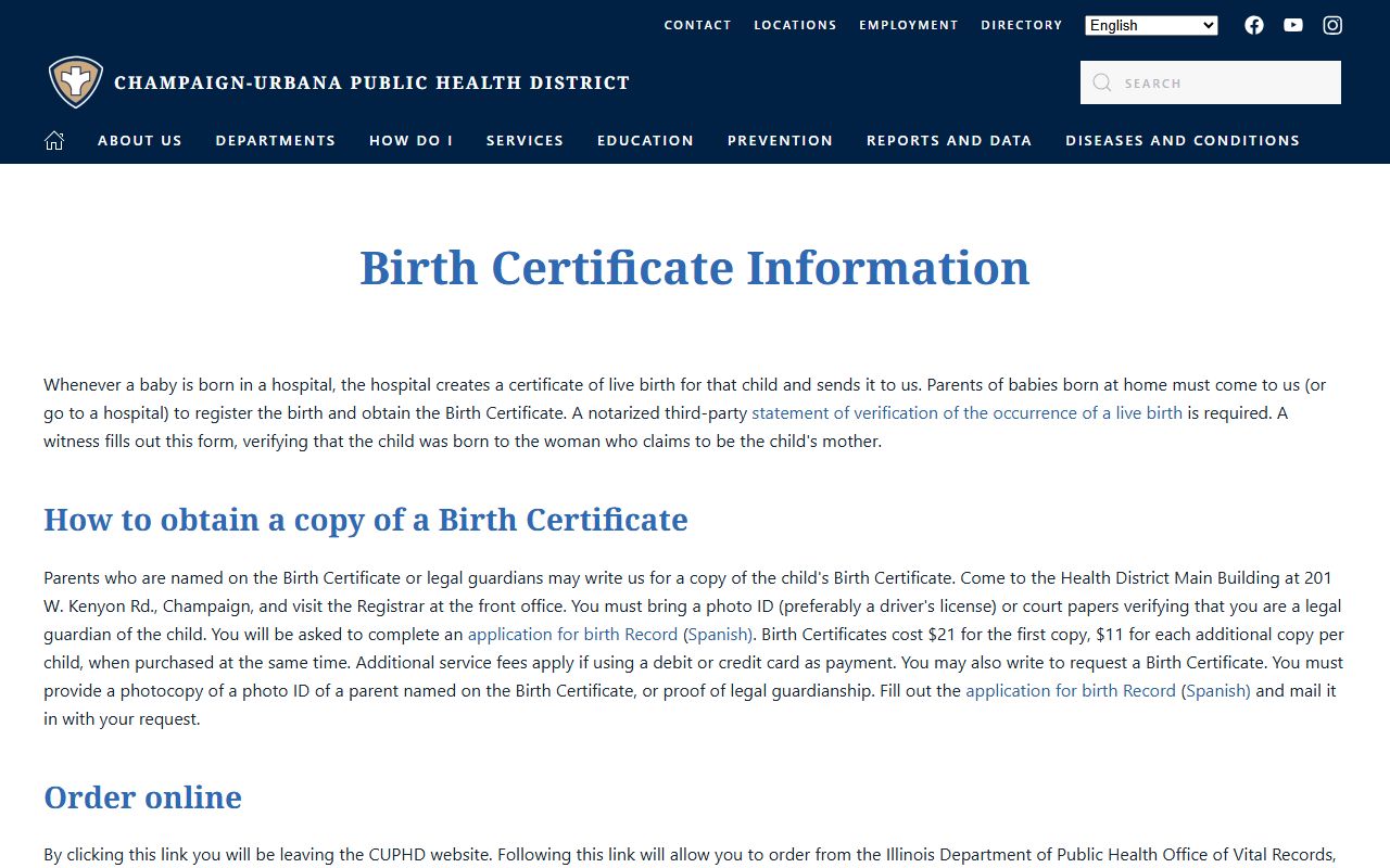 Champaign County Health District birth certificates page