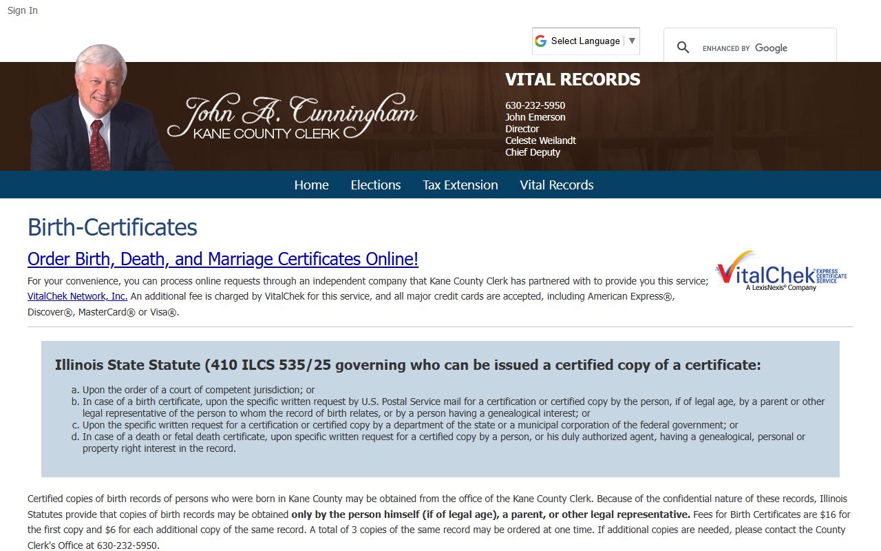Kane County birth certificates page for Aurora birth records