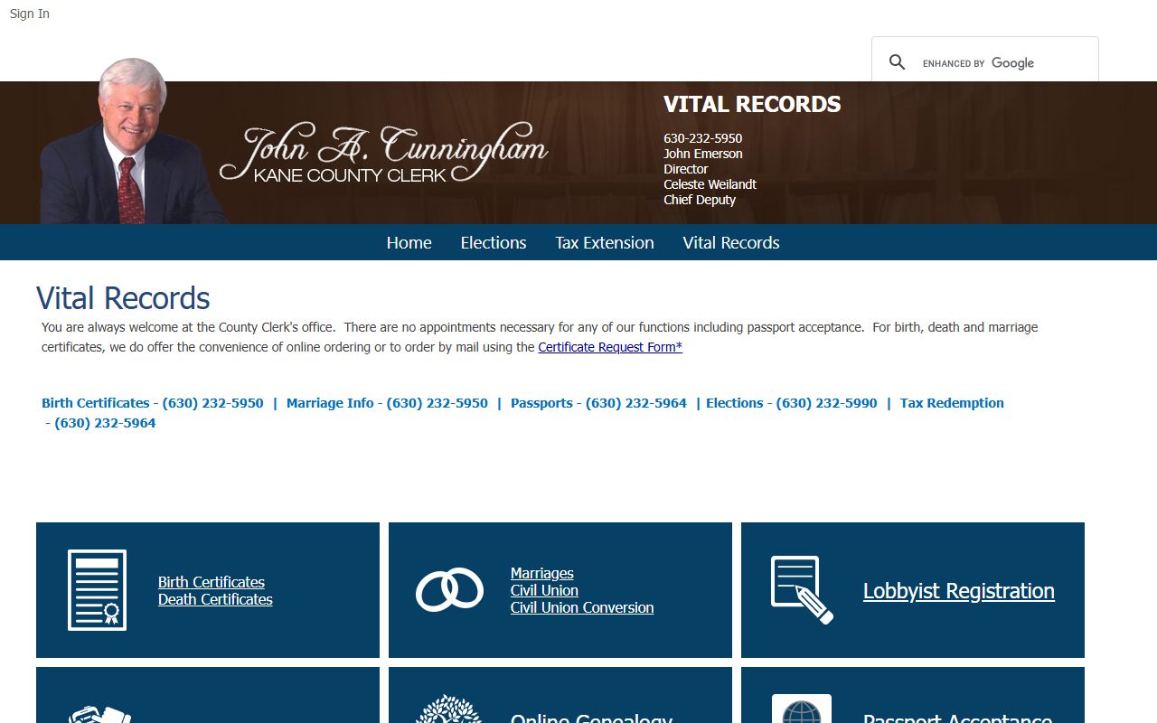 Kane County Vital Records main page for birth records
