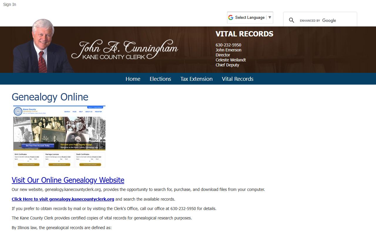 Kane County genealogy page for birth records research