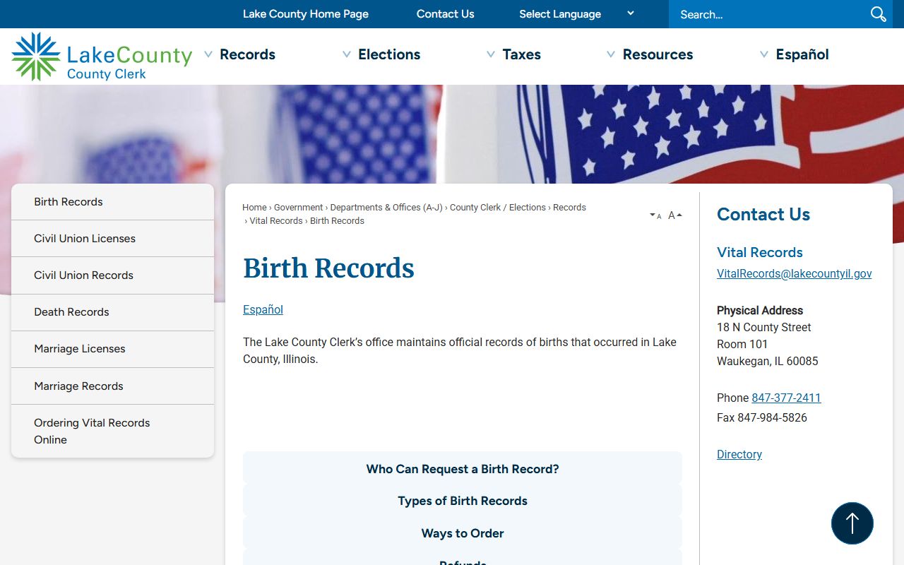 Lake County birth records page on official county website