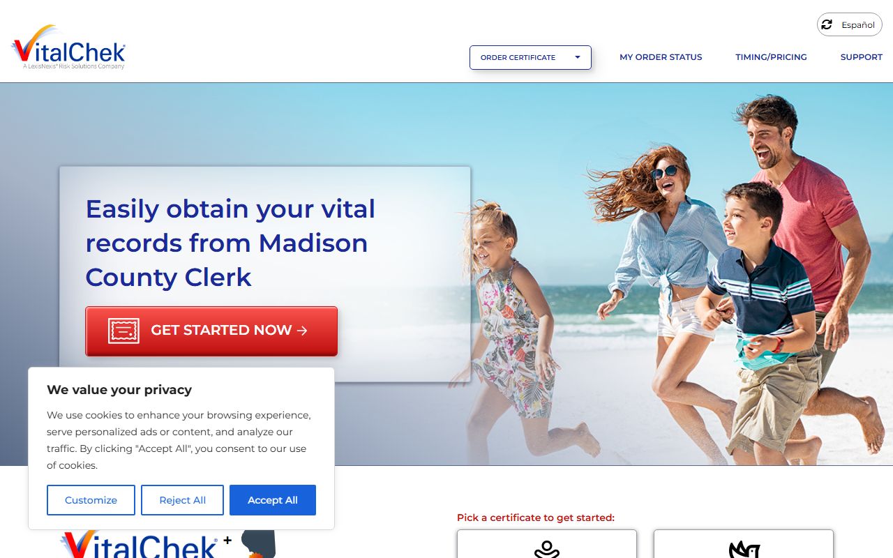 Madison County vital records ordering page for birth records