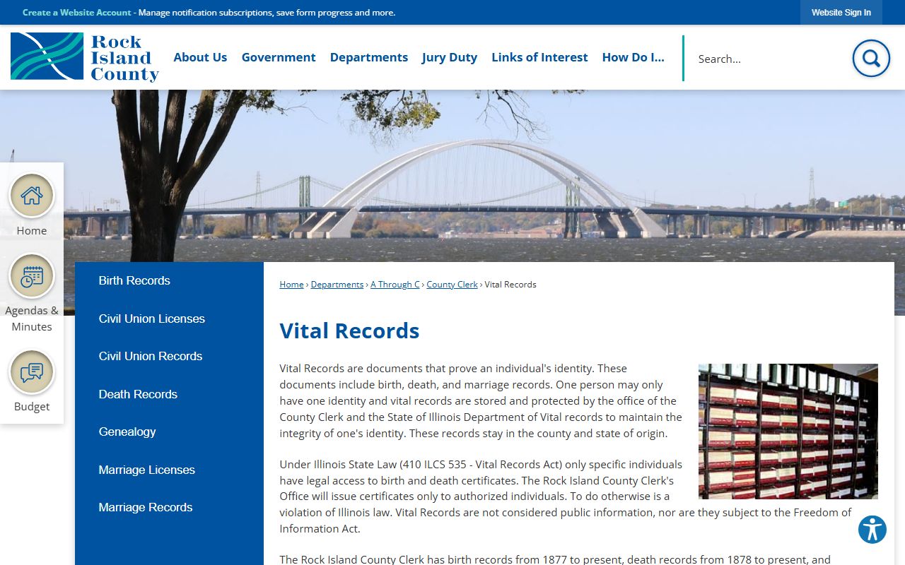 Rock Island County vital records page for birth records