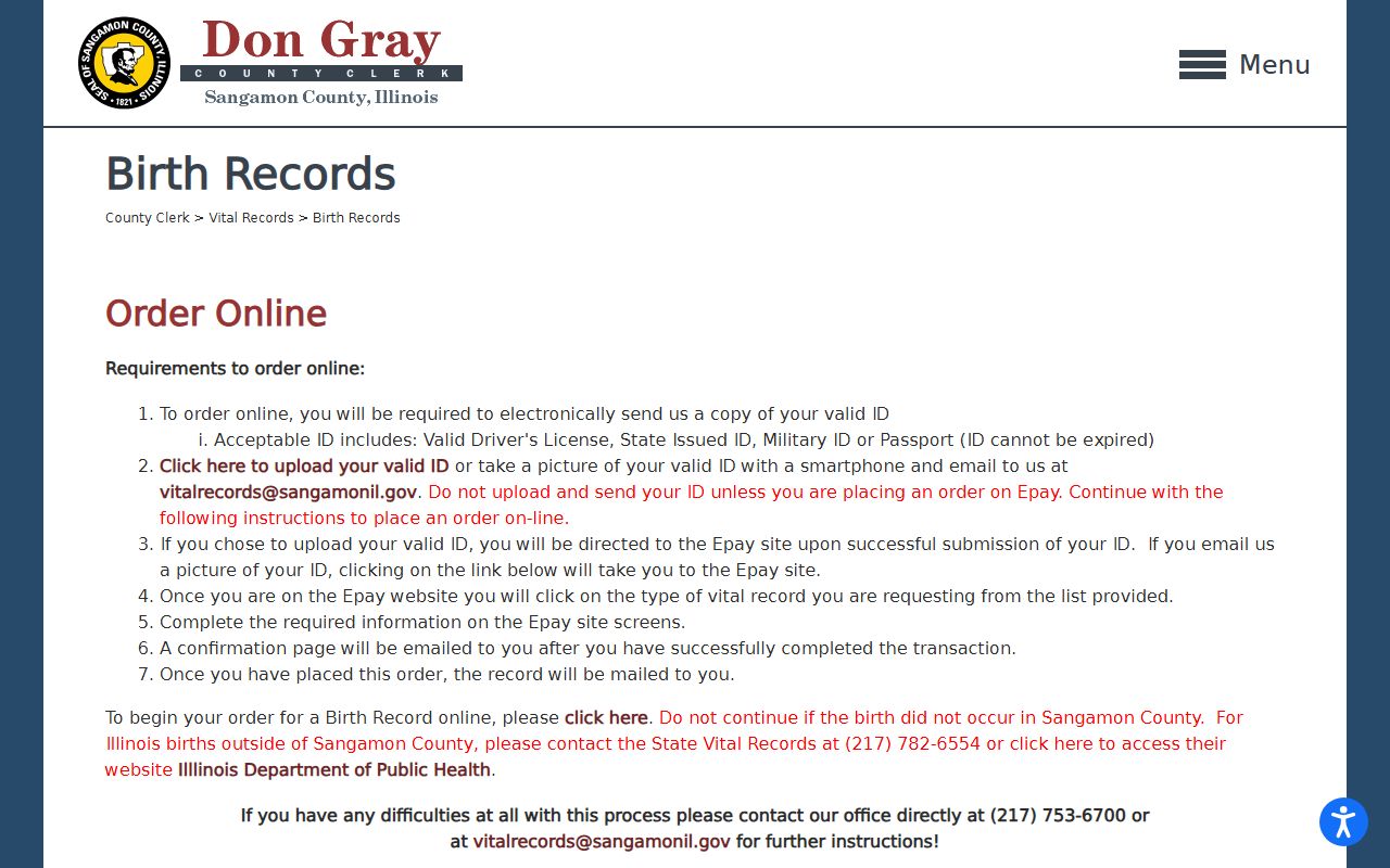 Sangamon County birth records page on county website