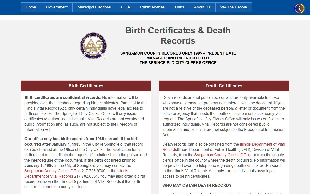 Springfield City Clerk birth and death records page