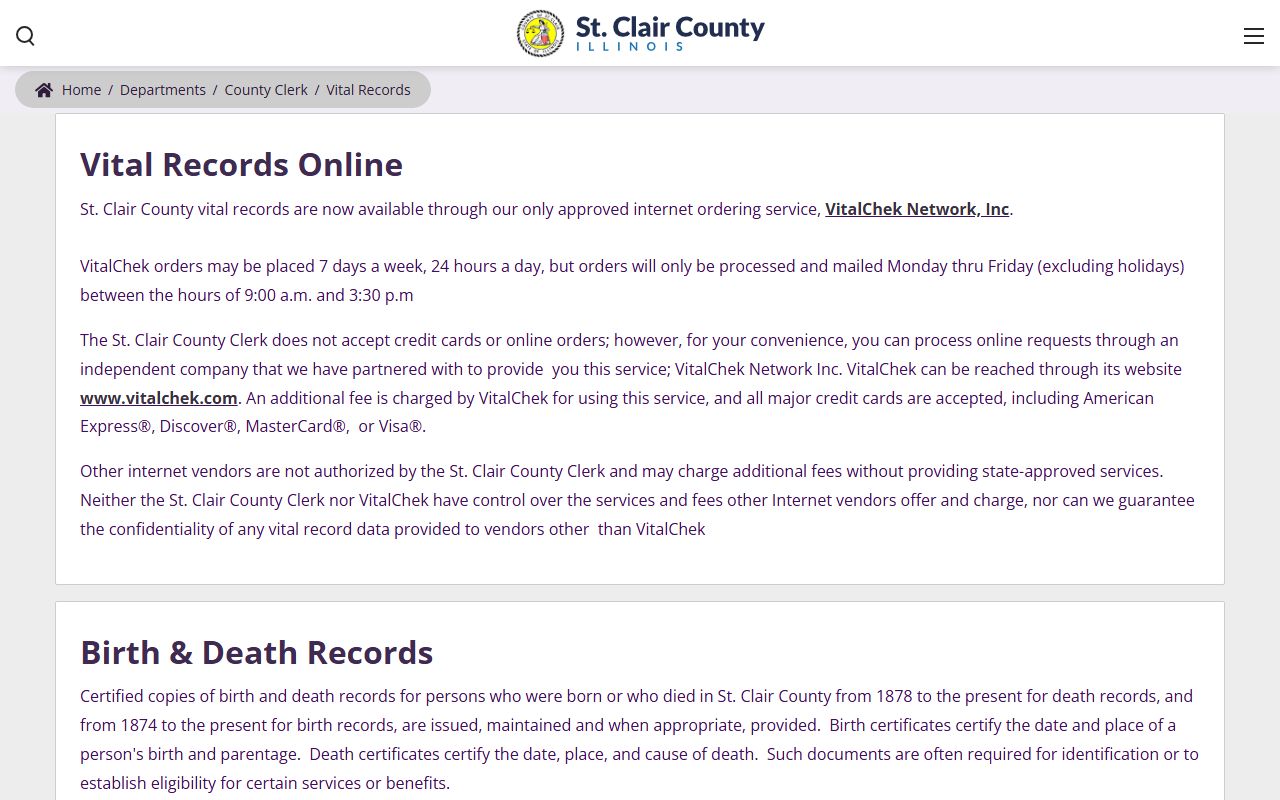 St. Clair County Clerk vital records page for birth records
