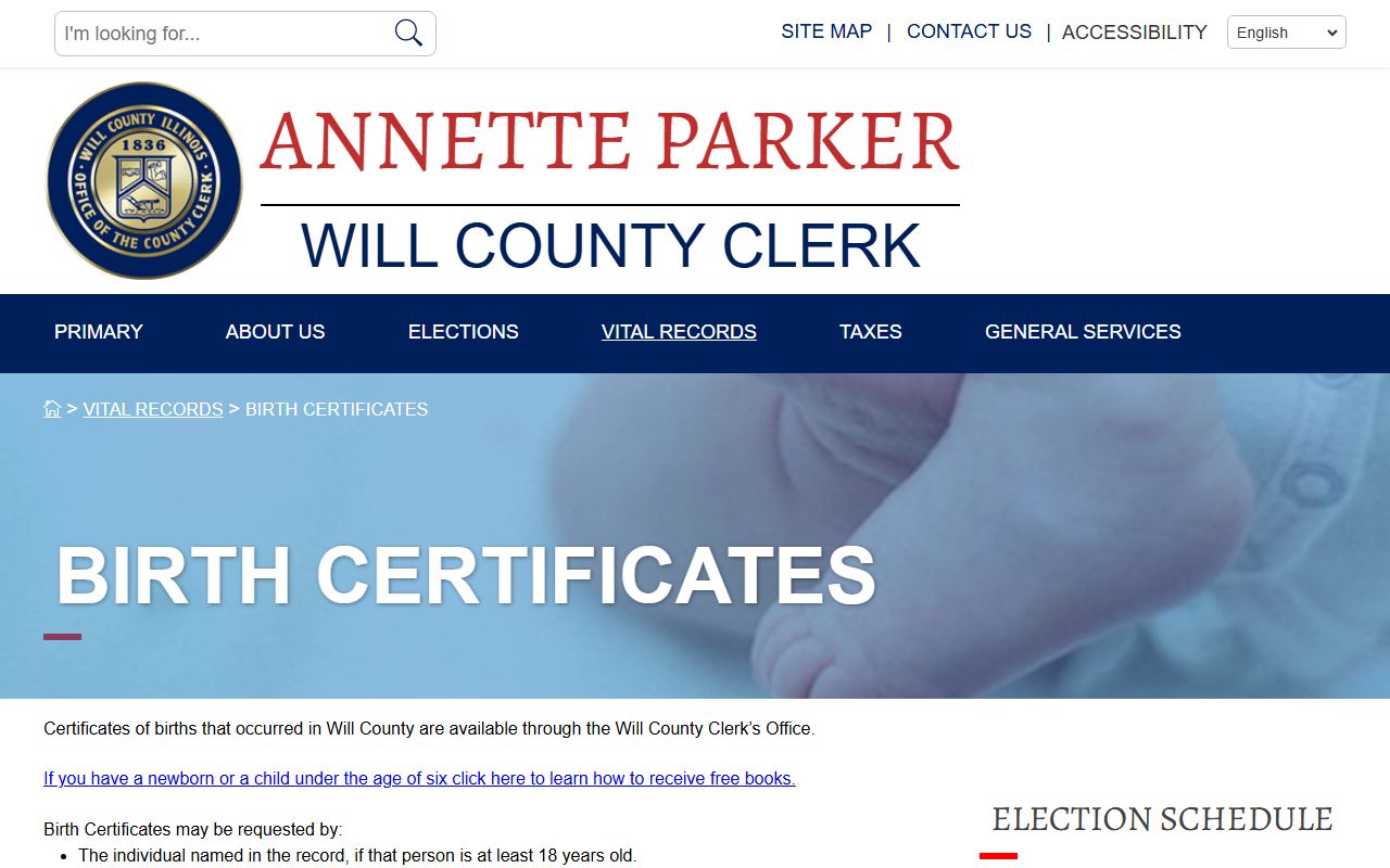 Will County Clerk birth certificates page for birth records