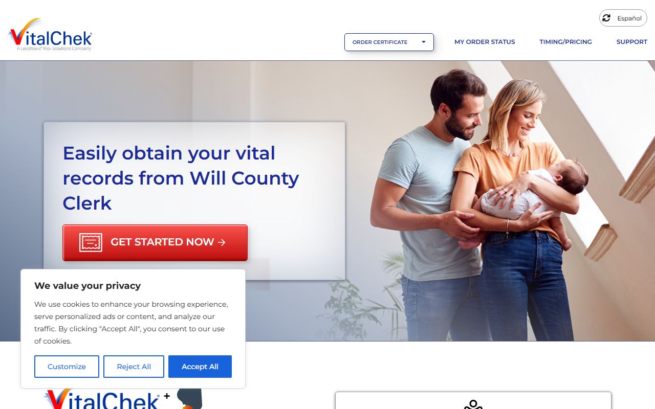 VitalChek ordering page for Will County birth records