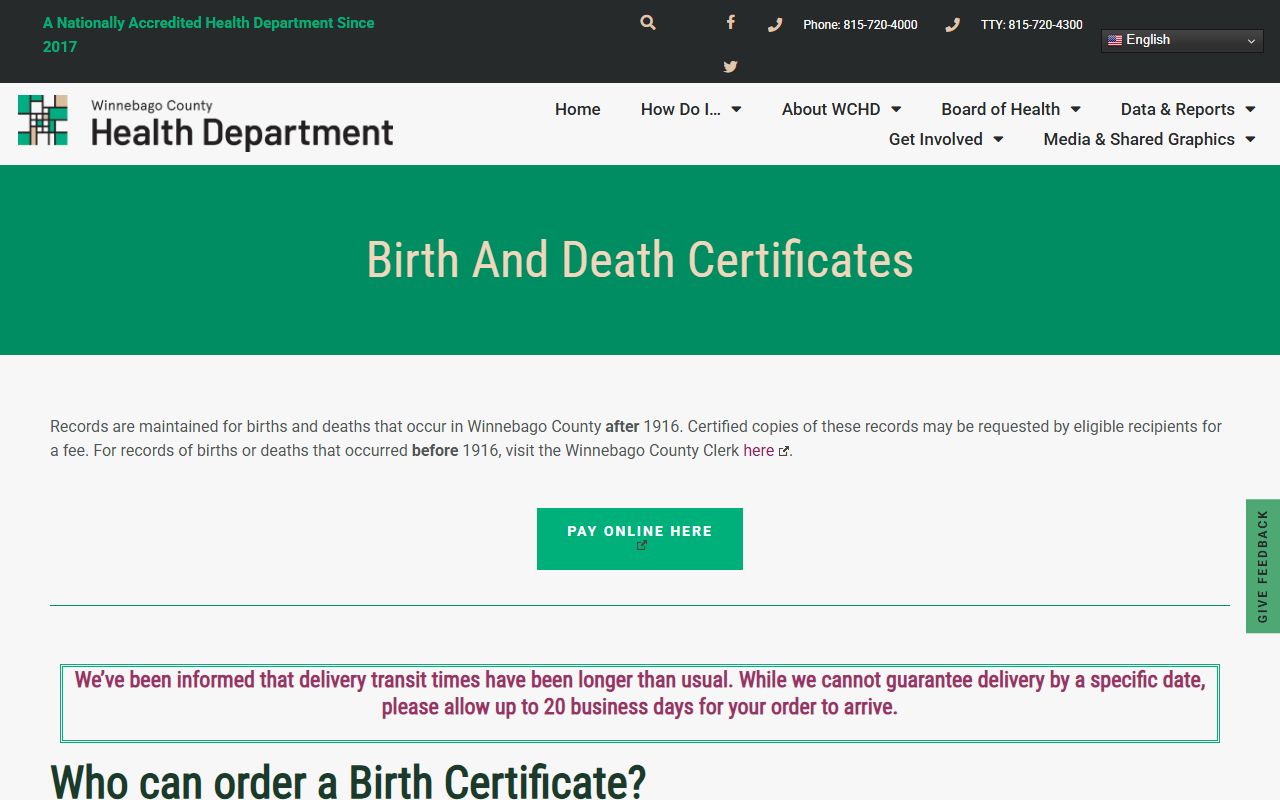 Winnebago County Health Department birth certificate ordering page for Rockford