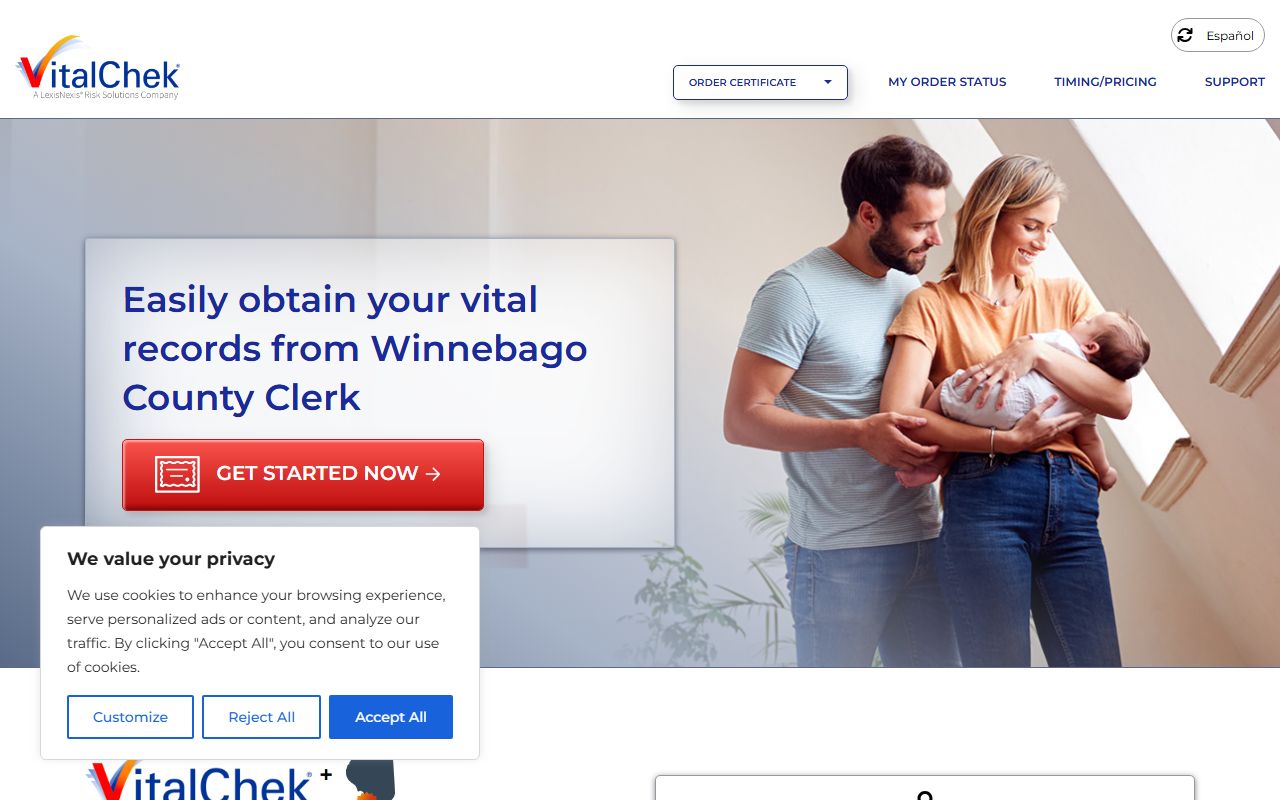 VitalChek ordering page for Winnebago County birth records