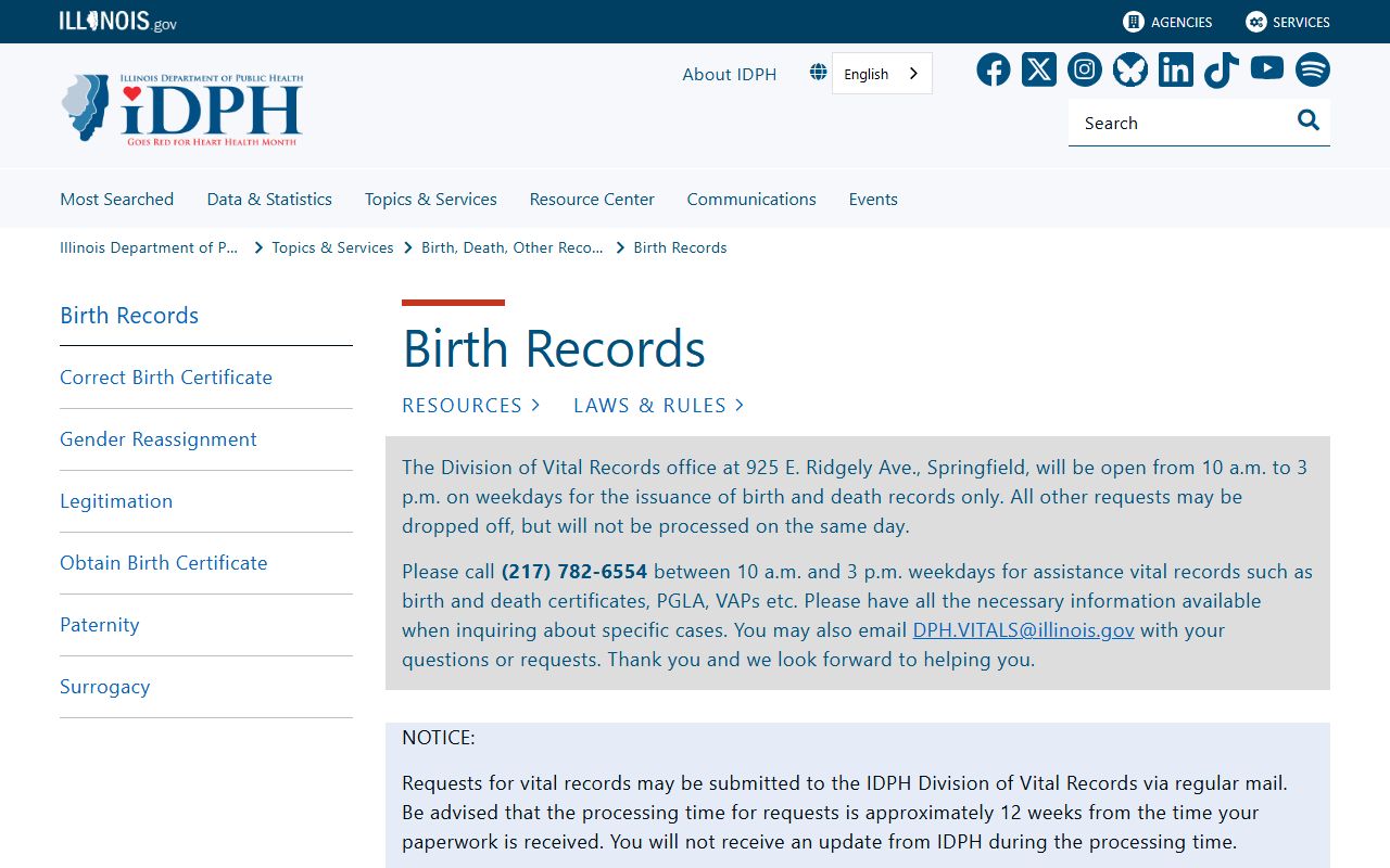 Illinois Department of Public Health birth records page