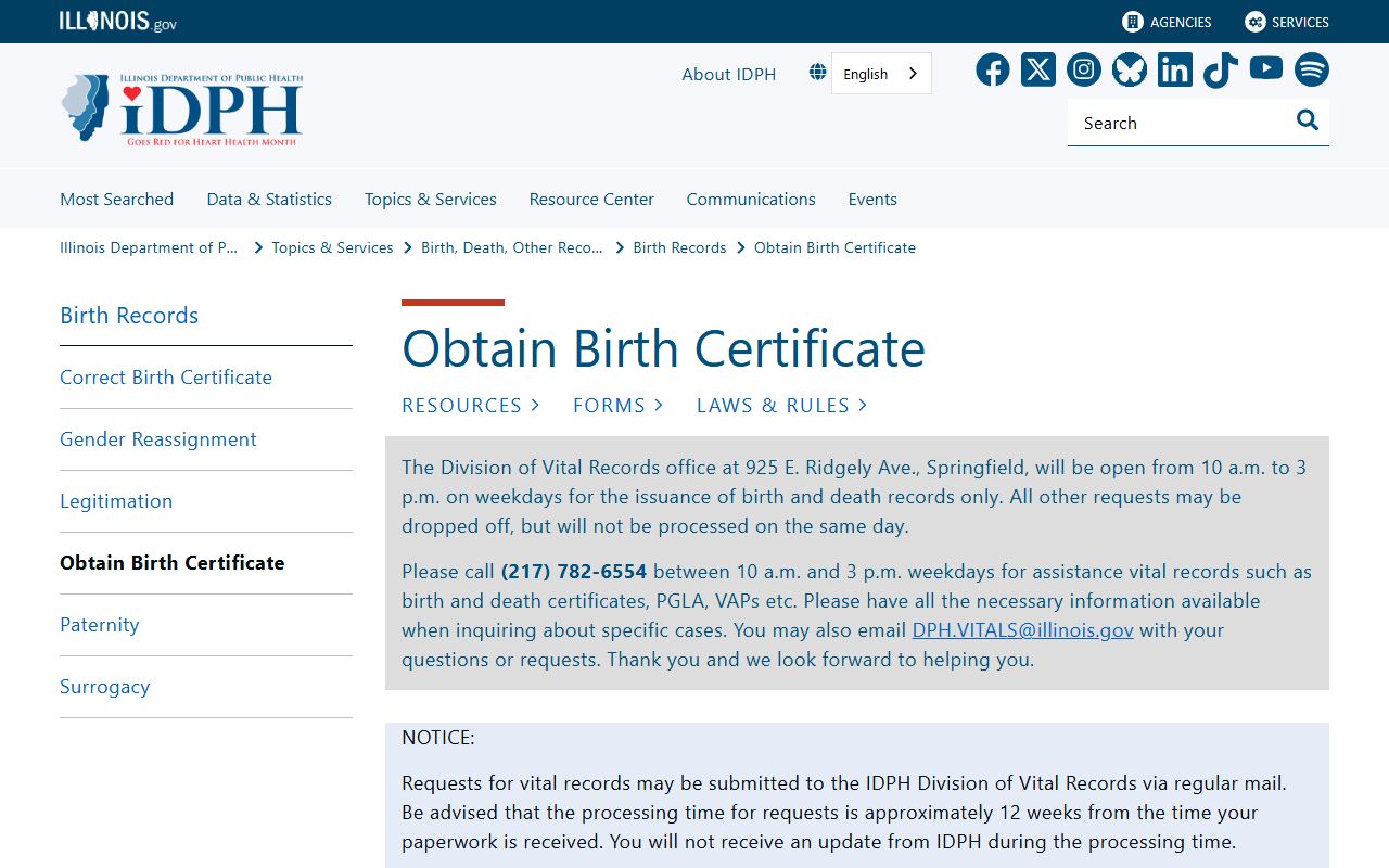 Illinois IDPH obtain birth certificate page showing fees