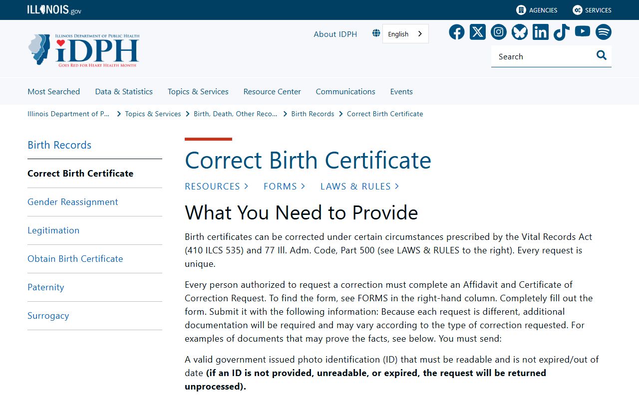 Illinois IDPH correct birth certificate page