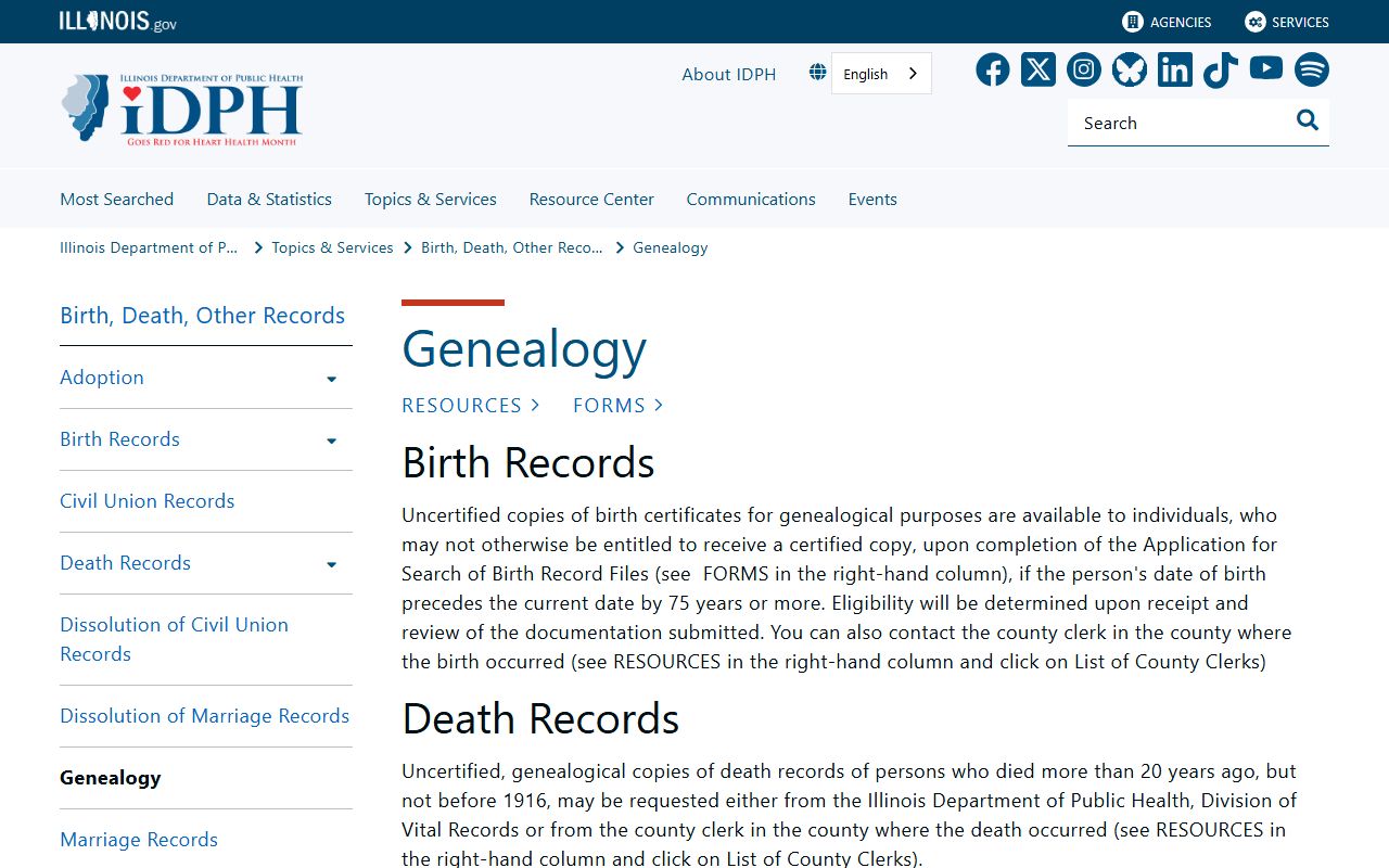 Illinois IDPH genealogy records request page